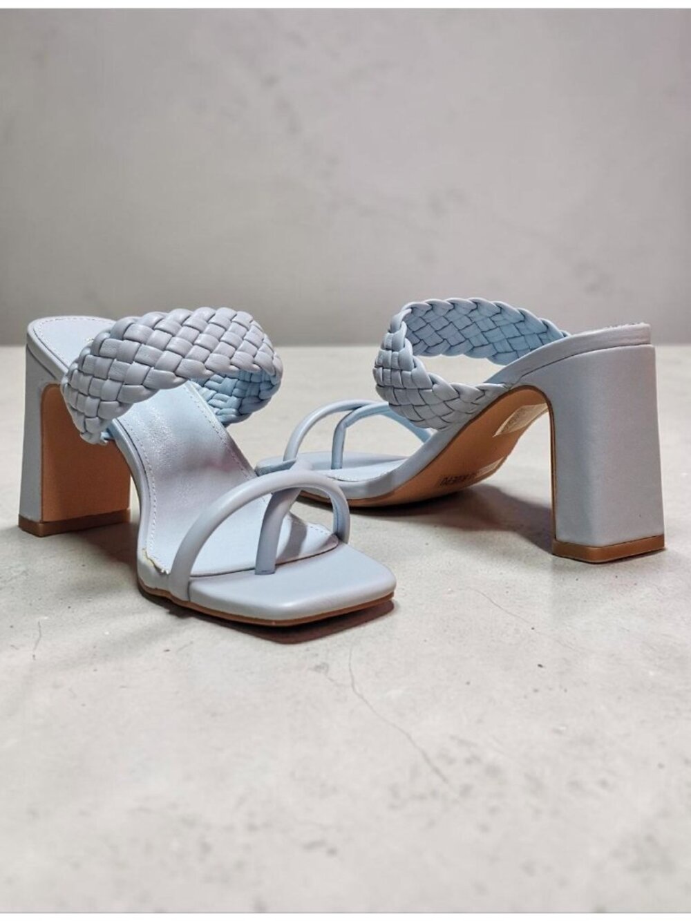 Braided Strap Block Heel Sandals In Light Blue With Square Toe Design